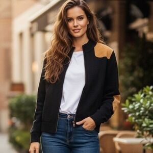 Charter Club Sweater Cardigan Women's Large Black Elbow Patches‎ Full Zip Cotton